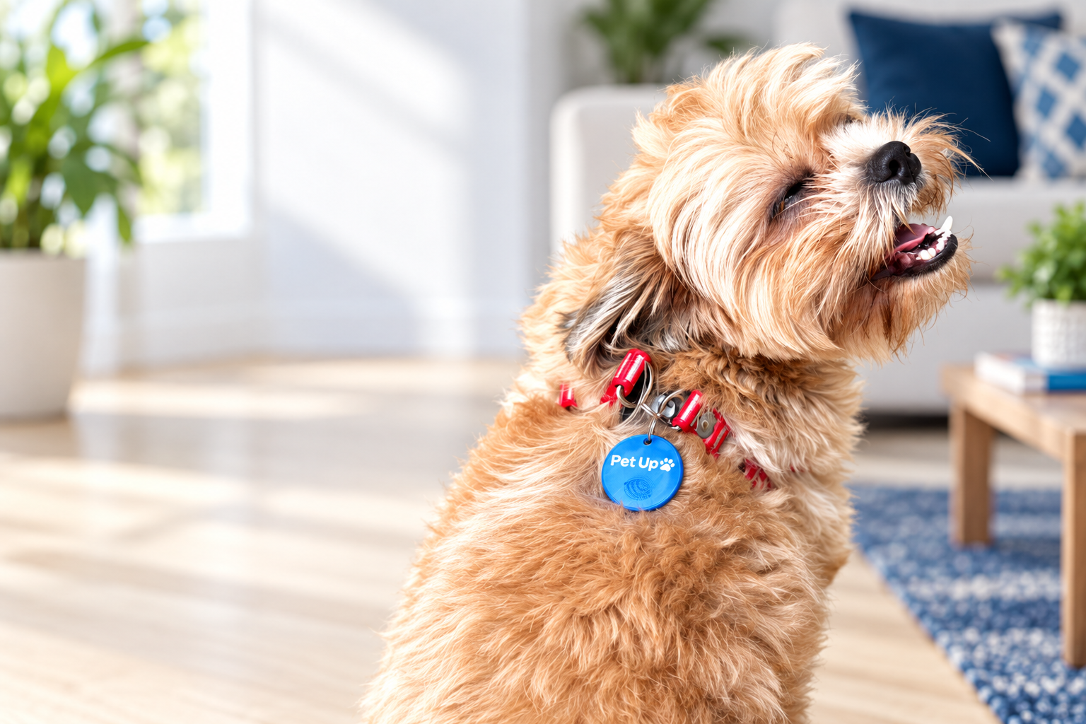 Cachorro usando a medalha inteligente azul da TapUp